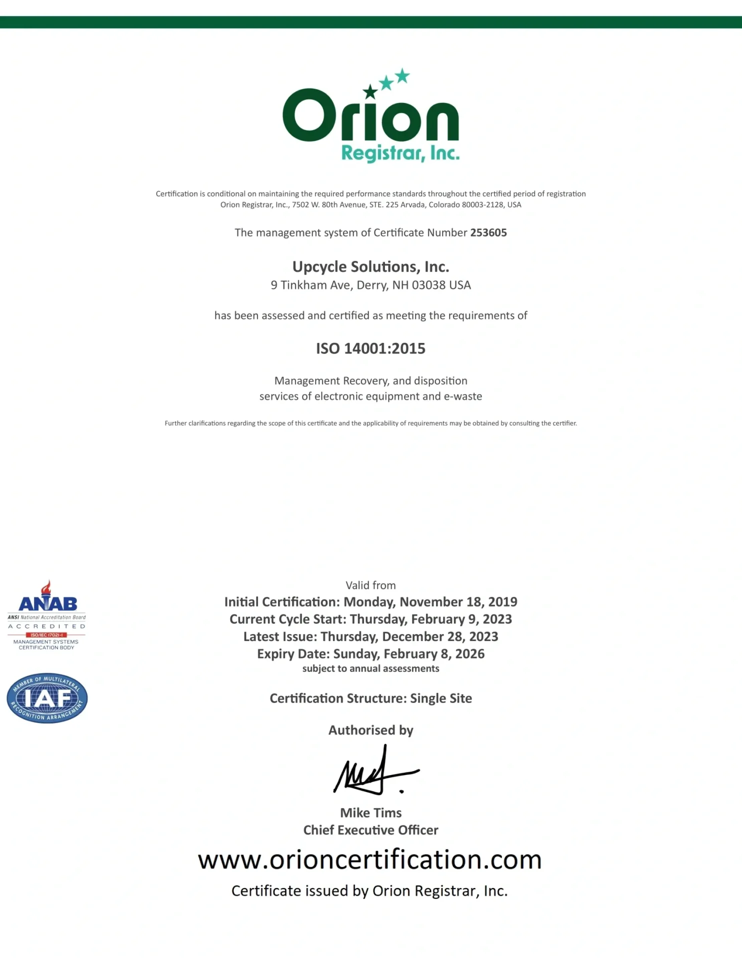 An image of a certificate for orion